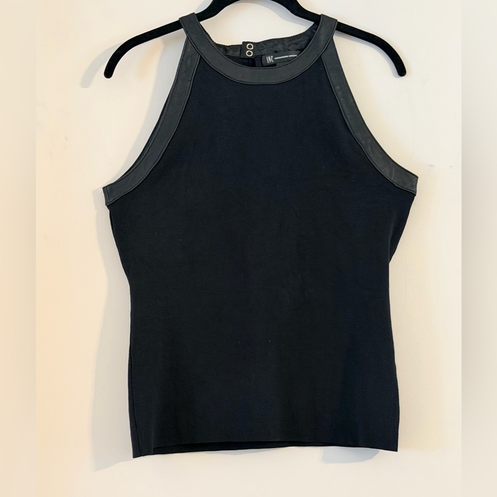 INC International Concepts Black Tank Top with Faux-Leather Trim